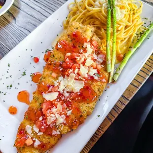 Sea bass with linguine Alfredo