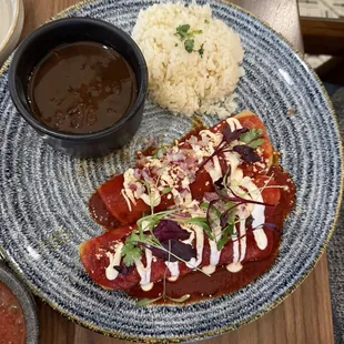 Birria enchiladas with regular red enchilada sauce