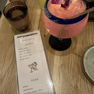 Happy hour menu and prickly pear marg
