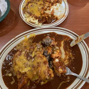 Beef stuffed sopapilla with red chili and cheese hash browns