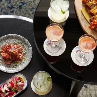 a table of food and drinks