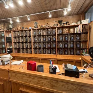 shelves of teas and teapots