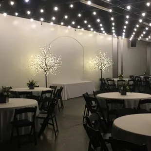 Decor included, Table arrangements and silver or gold drapes &amp; white linens.