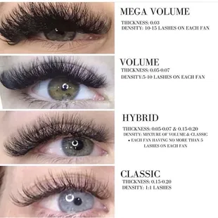 Various types of eyelash extensions