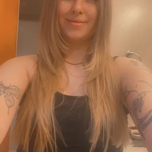 This shows the uneven curtain barns and how my hair is now right under my breast