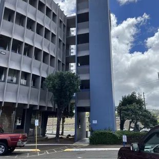 Varsity building. Elevators at the bottom of the blue structure.