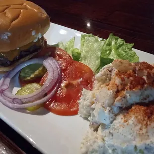 Angus Beef Burger With Cheese and Potato Salad