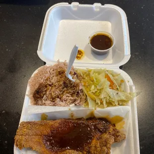 Jerk Fried Catfish, rice and peas and cabbage