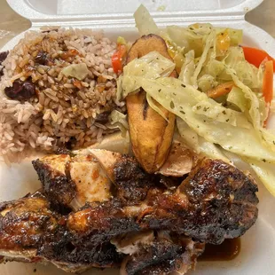 Jamaican Jerk Smoke Chicken, rice and peas, plantain, and cabbage