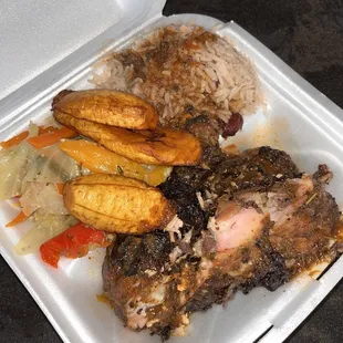 Jerk Chicken with  Plantains Rice &amp; Peas