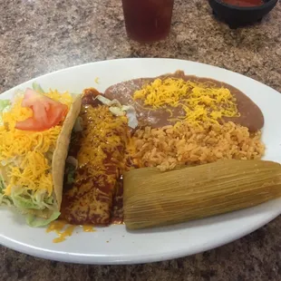 #16 - taco, tamale, enchilada with rice &amp; beans