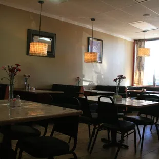 tables and chairs in a restaurant