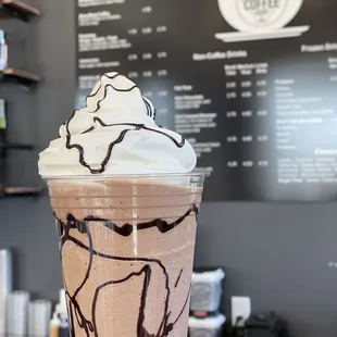 a chocolate milkshake with whipped cream