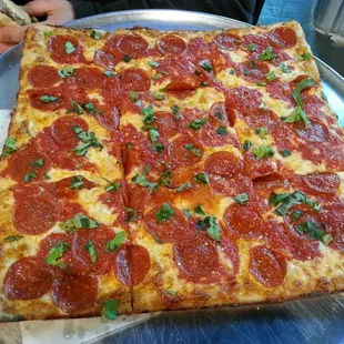 Grandma pizza with pepperoni