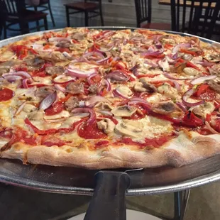 20&quot; pie with pepperoni, sausage, onions, mushrooms and roasted red peppers. Delicious!!