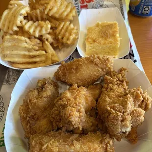 Chicken wings and waffle fries