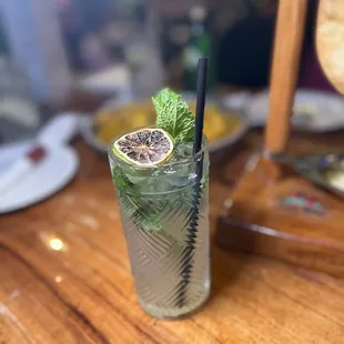  glass of water with a lemon and mint garnish