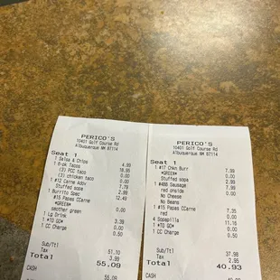 two receipts on a table