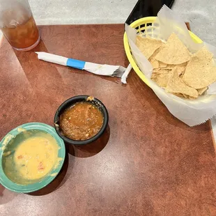 Queso (already working on), salsa, and chips. All warm.