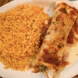 Steak burrito and rice