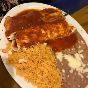 #8 burrito, chili relano, rice &amp; beans