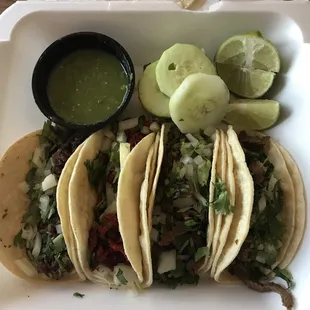 Left to right: Barbacoa, Al Pastor, Carne Asada, Carne Asada
