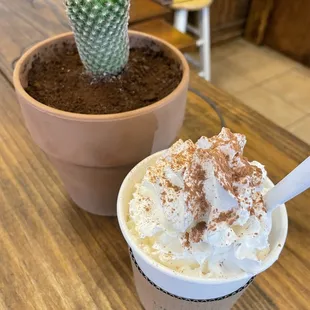 a cup of coffee and a cactus