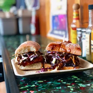 BBQ Brisket Sandwich with horseradish slaw and house pickles