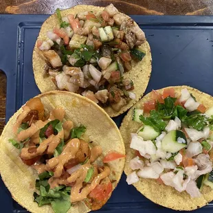 Top: Oriental Ceviche Tostada  Left: Baja Shrimp  Right: Ceviche Tostada