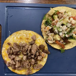 Left: Beef Volcán  Right: Ceviche Tostada