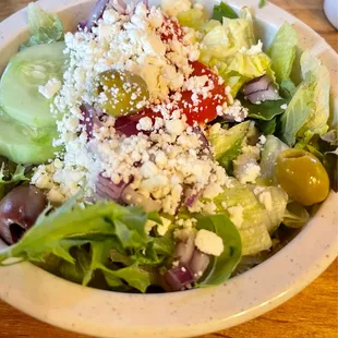 Great side salad! It even had olives and they cut off the green of the cucumbers! :-)