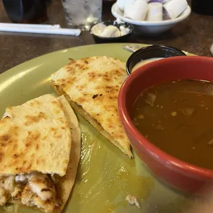 Spicy chicken quesadilla with beef barley soup.