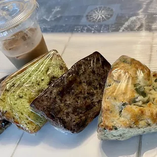 Left--Right: Power bar Iced Lavender latte Pistachio loaf Banana chocolate chip loaf Spinach &amp; Feta scone