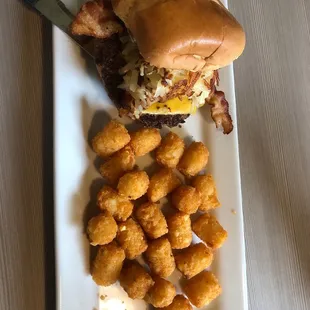 Breakfast Burger and Tator Tots
