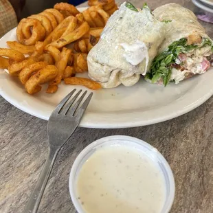 Chicken wrap with fries and ranch dressing