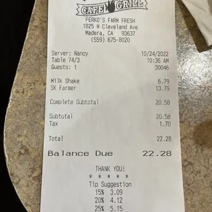 the receipt for the restaurant