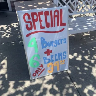 SPECIAL 4 burgers + 6 Beers  Only 39.00