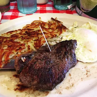 Steak and eggs. A lil small and a tad overcooked for a medium.