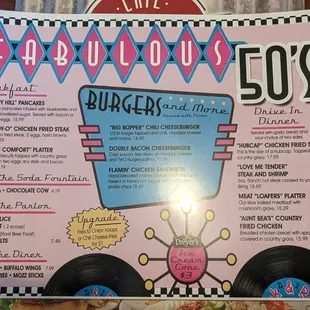 Fabulous 50&apos;s special menu 5/29/2024