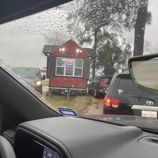 a red house in the rain