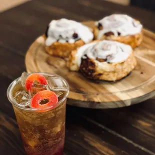 a plate of pastries and a drink