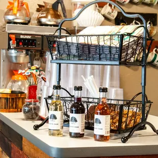 a counter with various beverages