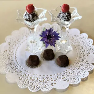 chocolate truffles on a doily