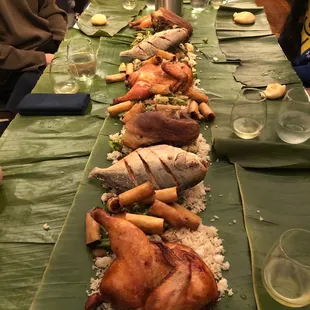 a long table with food on it