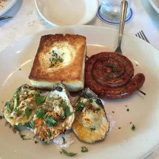 Wood Grilled Sausage, Oysters, Egg in the Hole