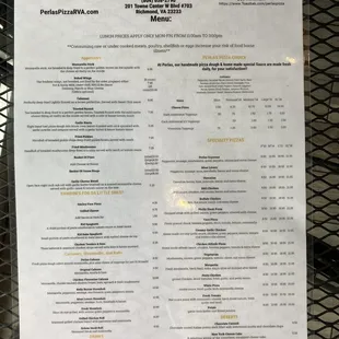 menu for perlas pizza parlor