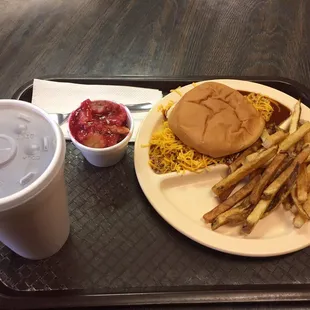 Order from the menu, grab a tray, load the plate with desired amount of fries.