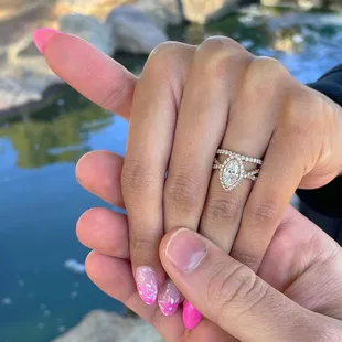 Honored to create this stunning marquise shaped lab diamond wedding set in 14K yellow gold!