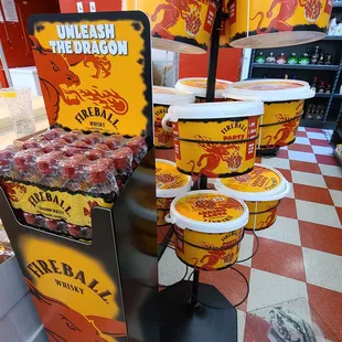 a display of various flavored beverages