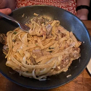 Fettuccine and sirloin tips with mushrooms and caramelized onions